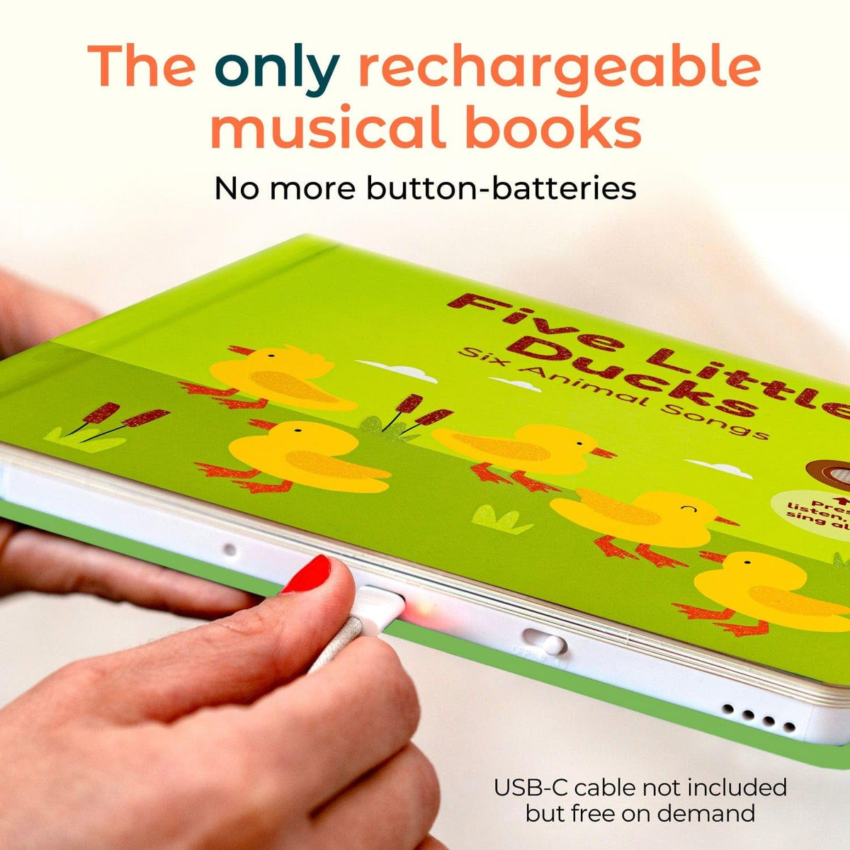 Cali's Books sound button closeup invites interactive learning and play for toddlers.