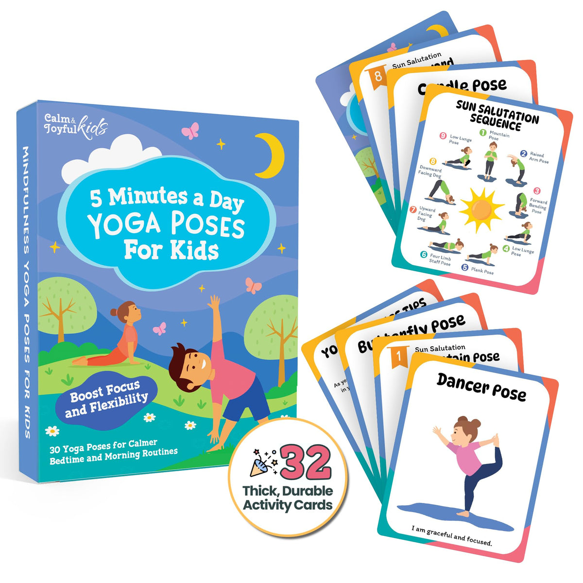 Calm and Joyful Kids yoga cards deck cover promotes focus during classroom transitions.