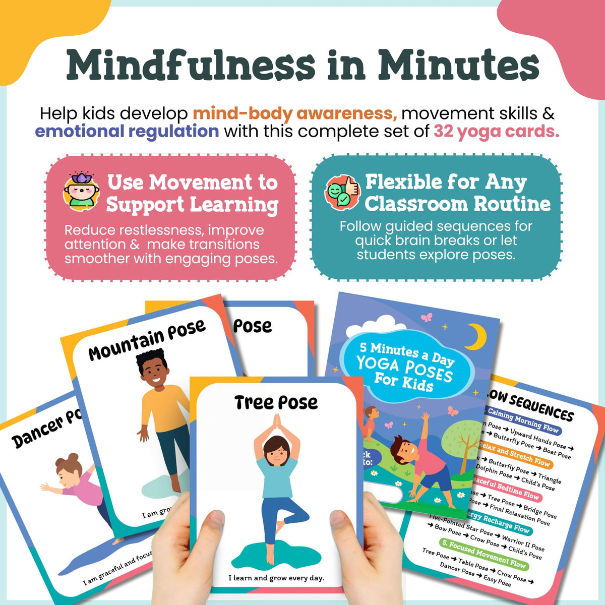 Calm and Joyful Kids yoga cards pose illustrations show kid friendly poses for mindful practice.