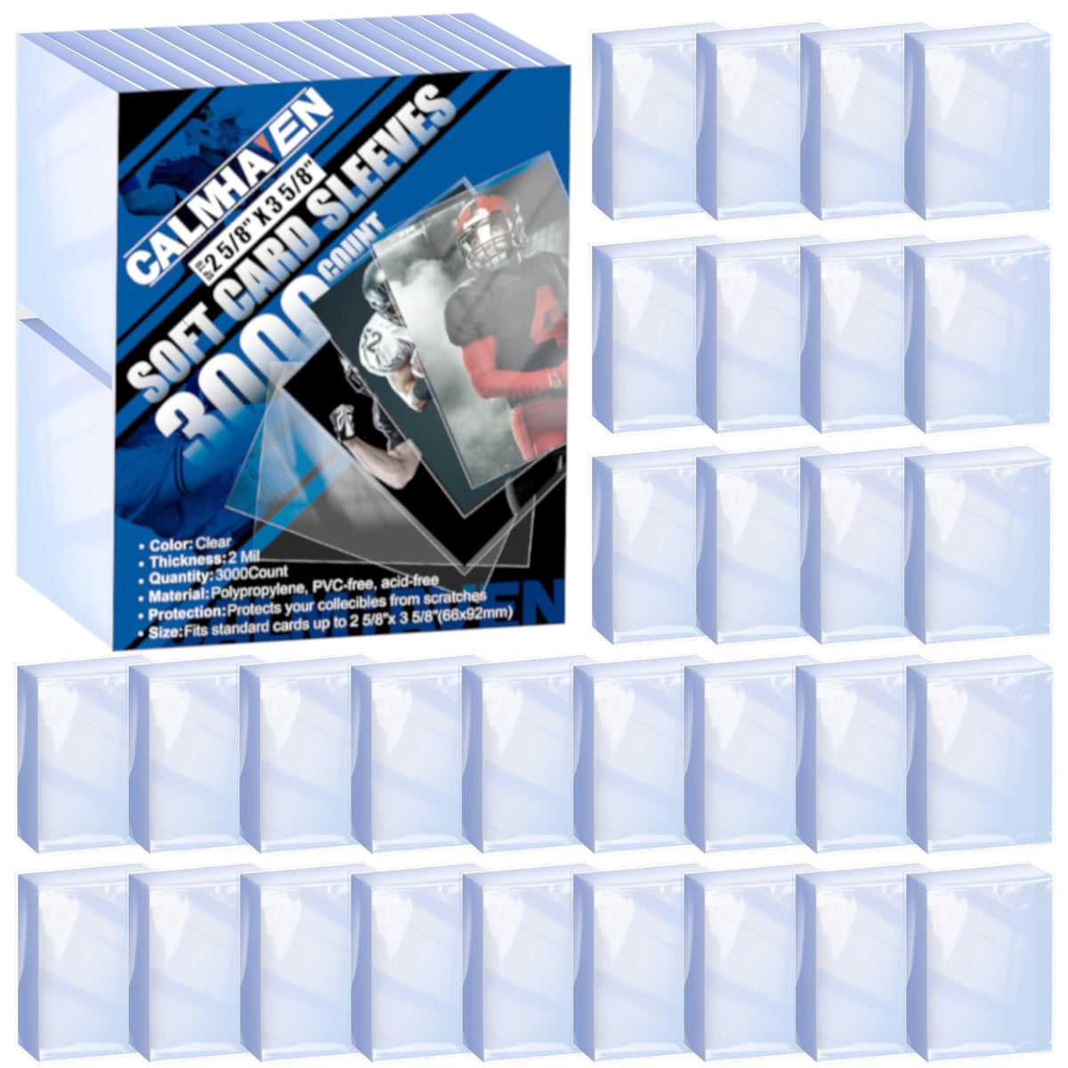 Calmhaven 3000-count soft clear card sleeves value pack protects and organizes cards
