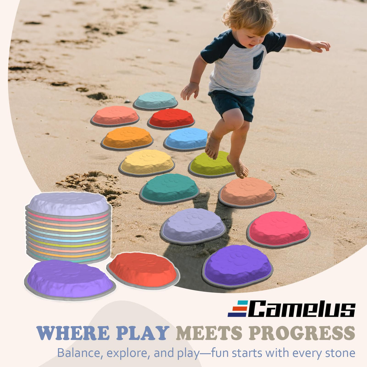 Camelus stepping stones with textured tops provide secure grip during play
