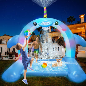 CAMIRUS 8.7ft inflatable whale sprinkler cooling kids and dogs on hot days.