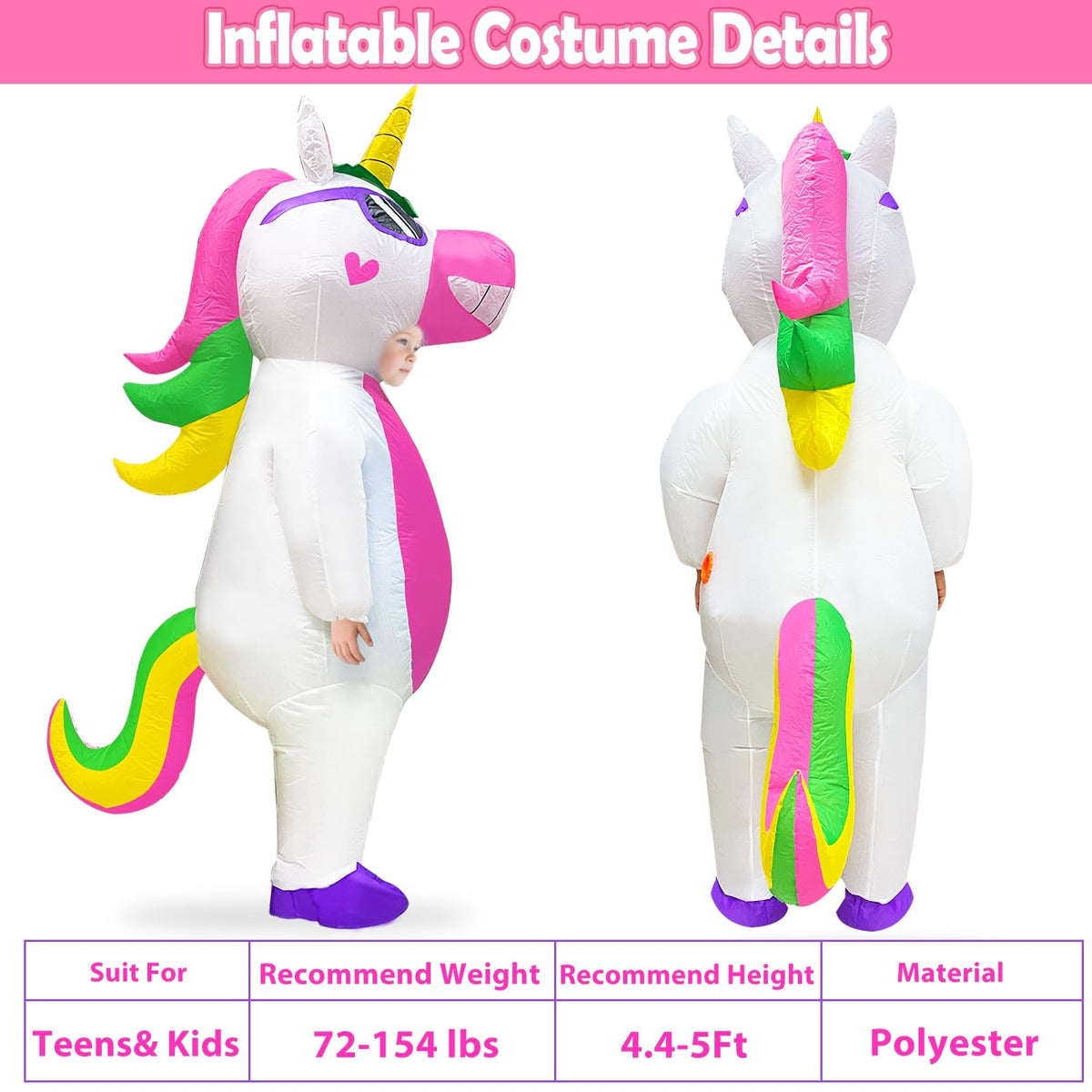 Camlinbo inflatable unicorn costume with fast inflation for all-night wear.