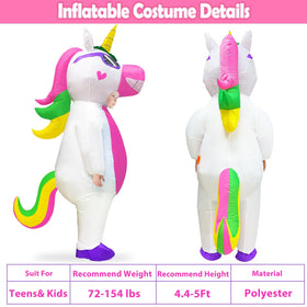 Camlinbo inflatable unicorn costume with fast inflation for all-night wear.