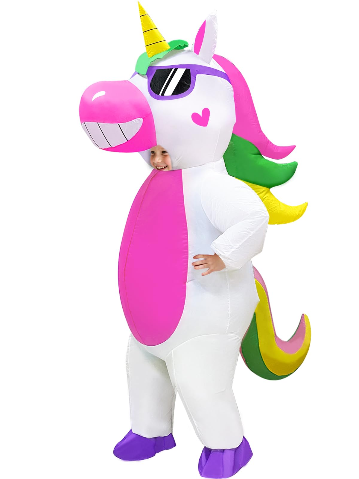 Camlinbo inflatable unicorn costume for kids, eye-catching Halloween look for parties.
