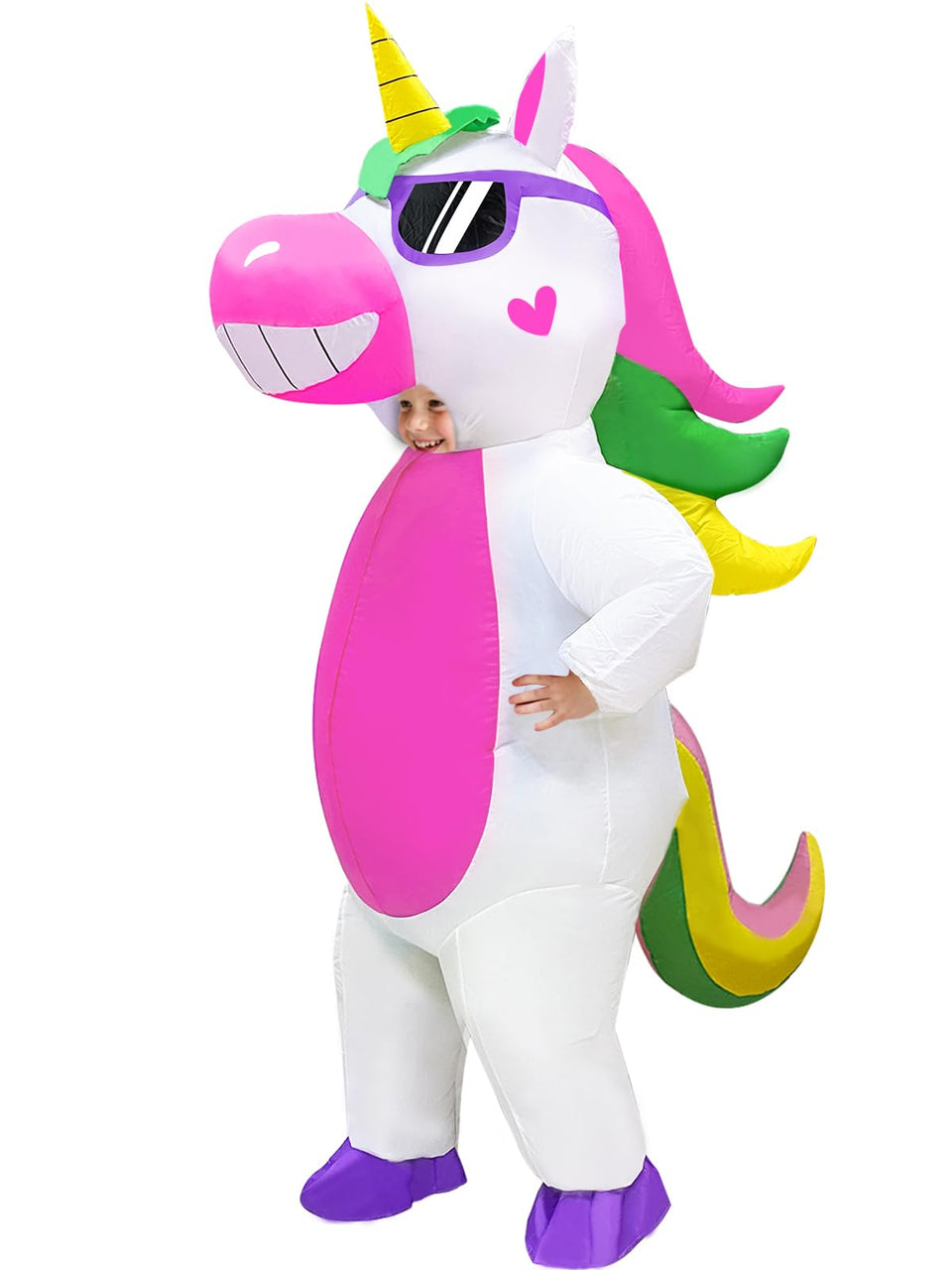 Camlinbo inflatable unicorn costume for kids, eye-catching Halloween look for parties.