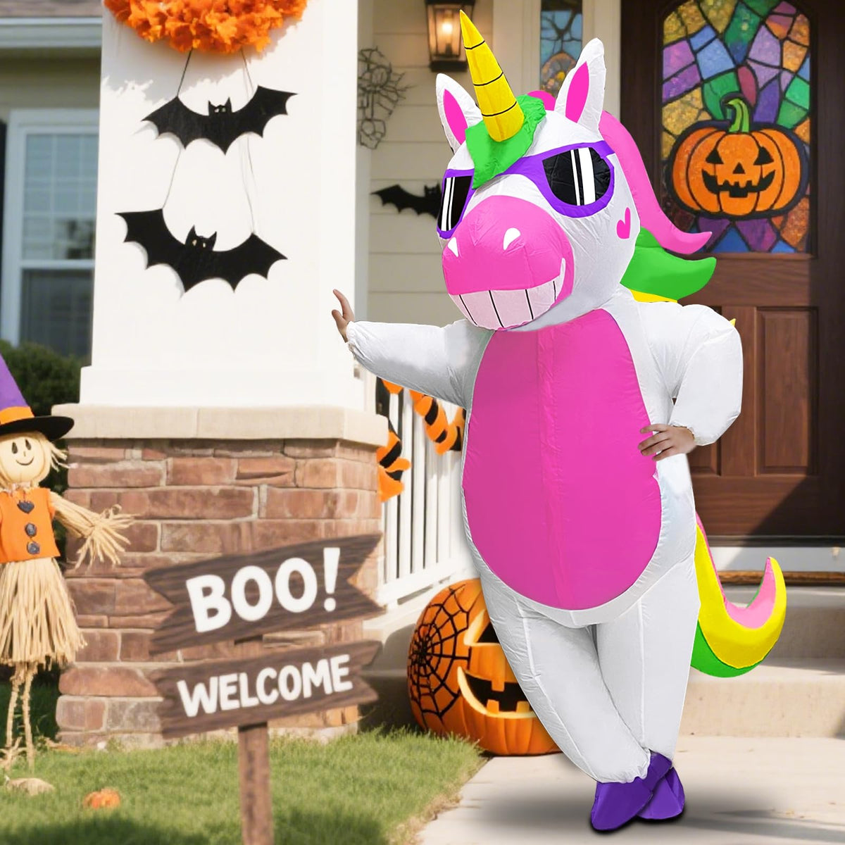 Camlinbo unicorn costume worn with blower, quick setup for events.