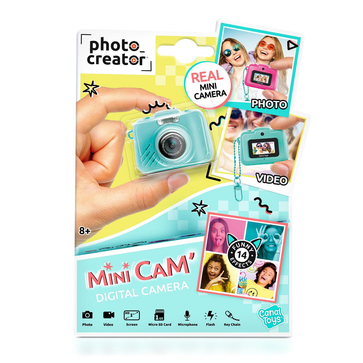 Canal Toys Mini’Cam turquoise front view; compact design for easy pocket carry.