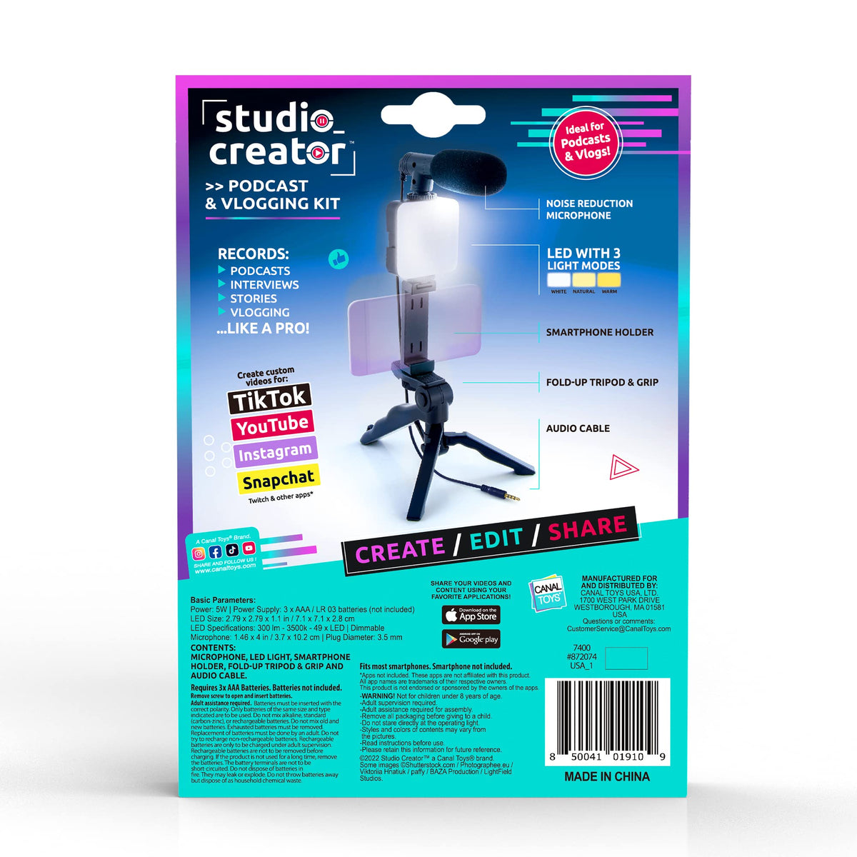 Canal Toys Studio Creator Podcast Kit tabletop grip folds into a portable filming grip.