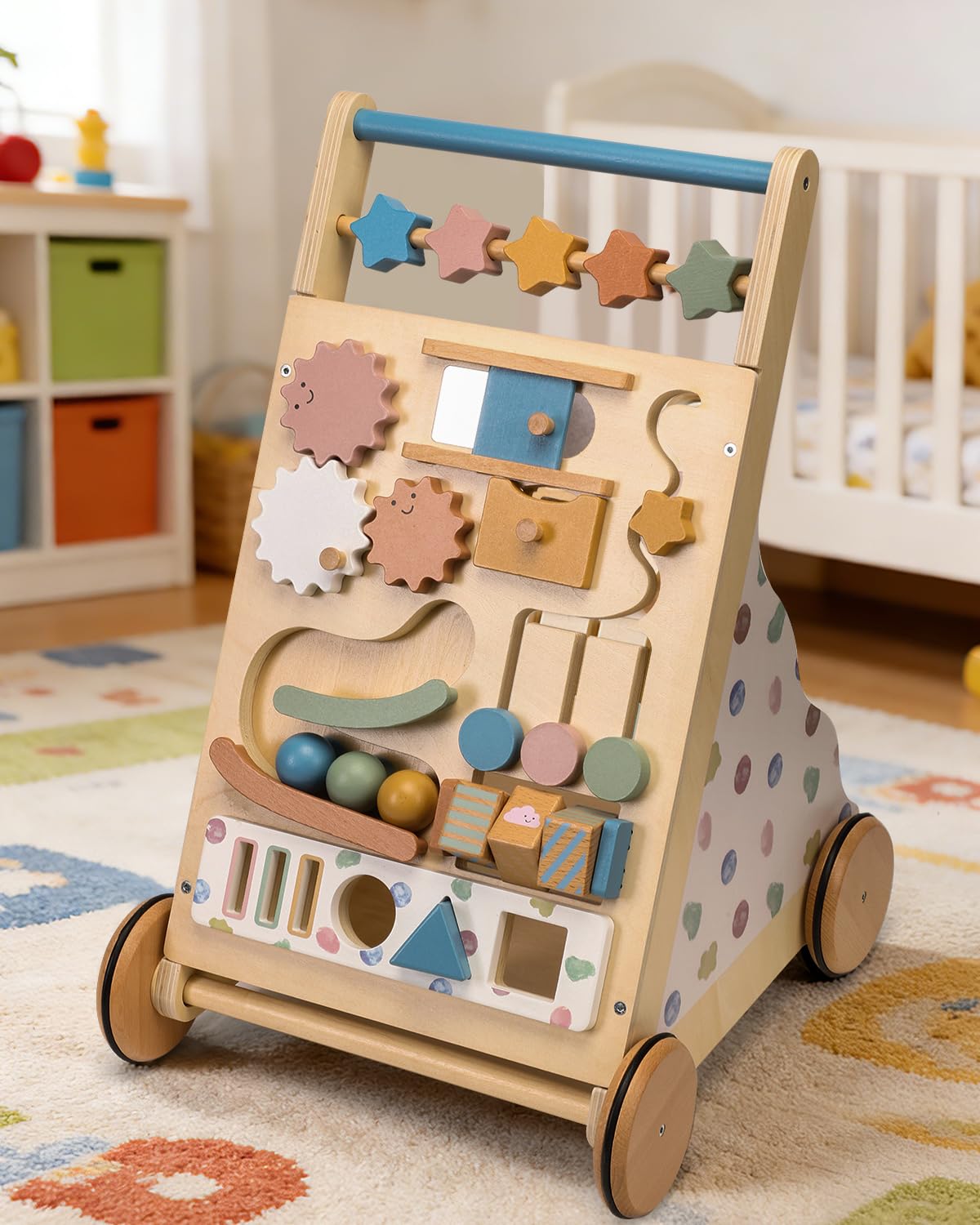 CANAMI Montessori wooden baby walker with an interactive panel supports early learning on the move.