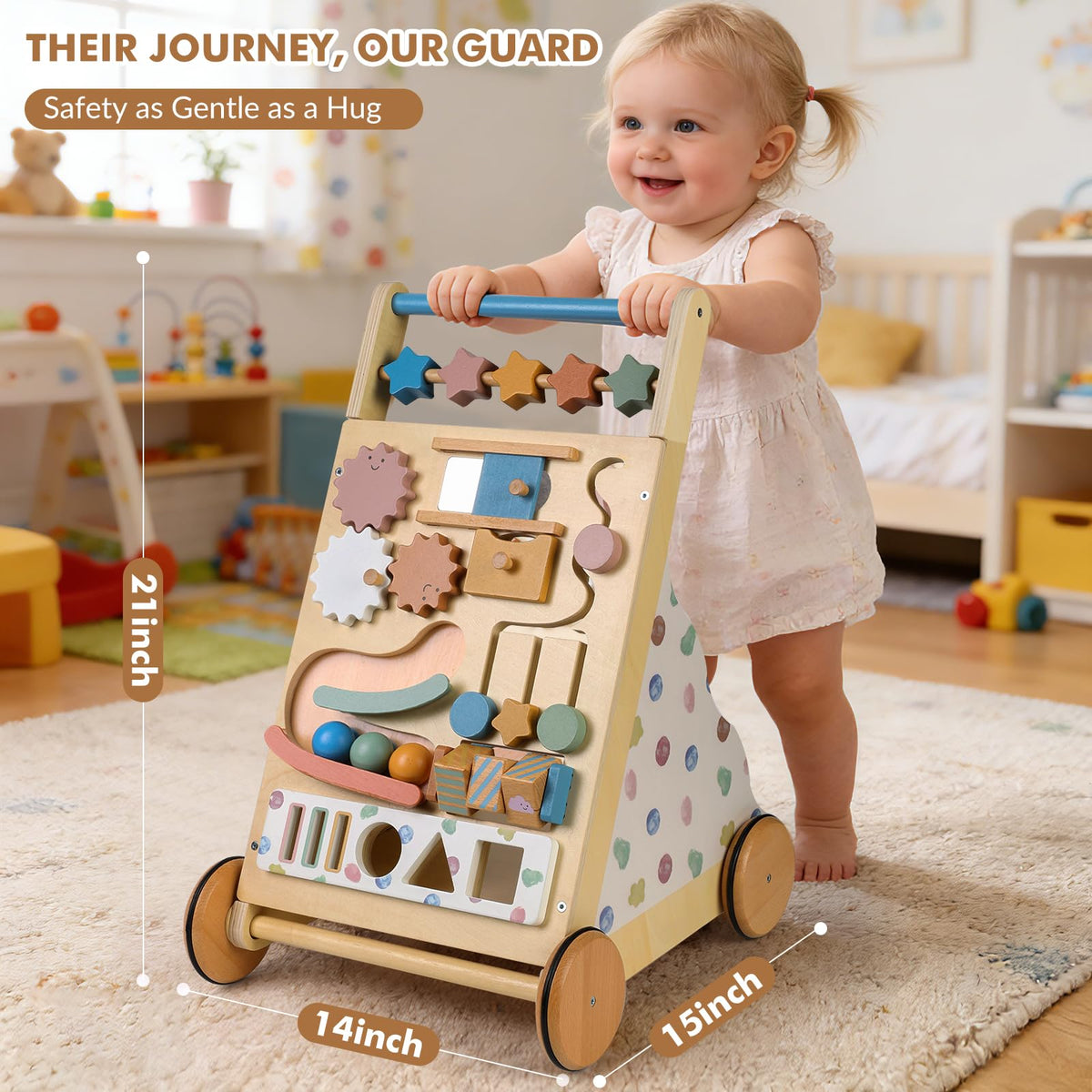 CANAMI wooden baby walker featuring smart speed control aids confident first steps.