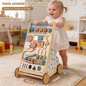CANAMI wooden baby walker featuring smart speed control aids confident first steps.