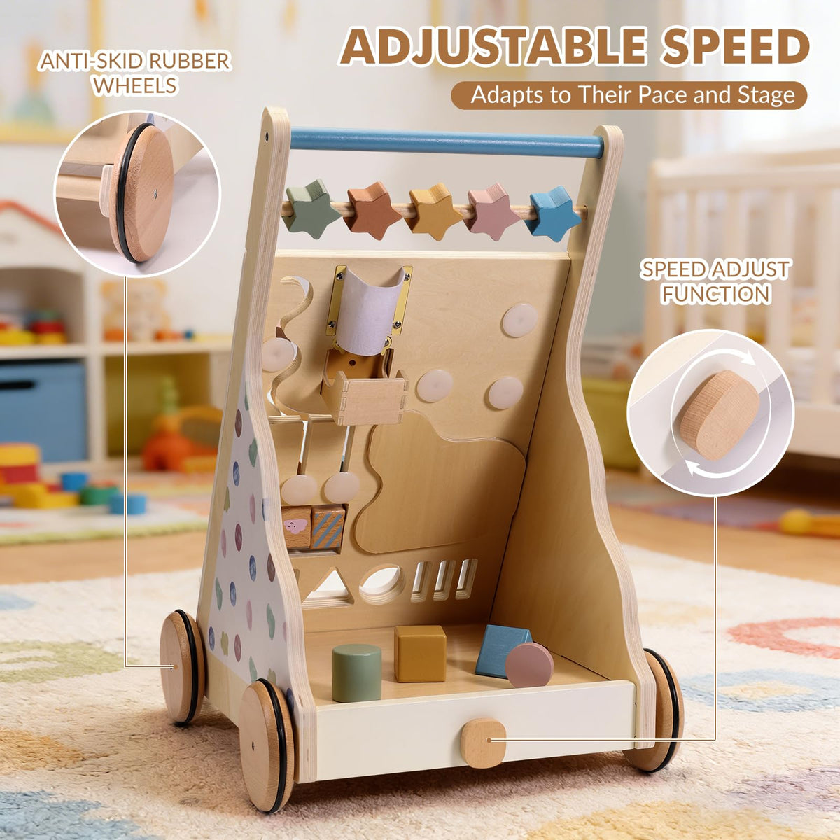 CANAMI wooden baby walker design blends contemporary colors for modern homes.