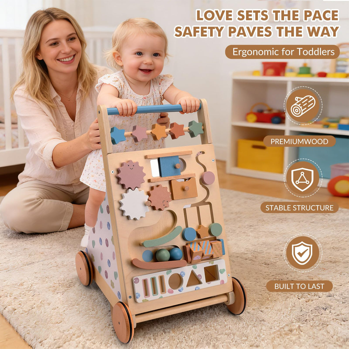 CANAMI wooden walker with durable, non-toxic finishes for safe, long-lasting play.