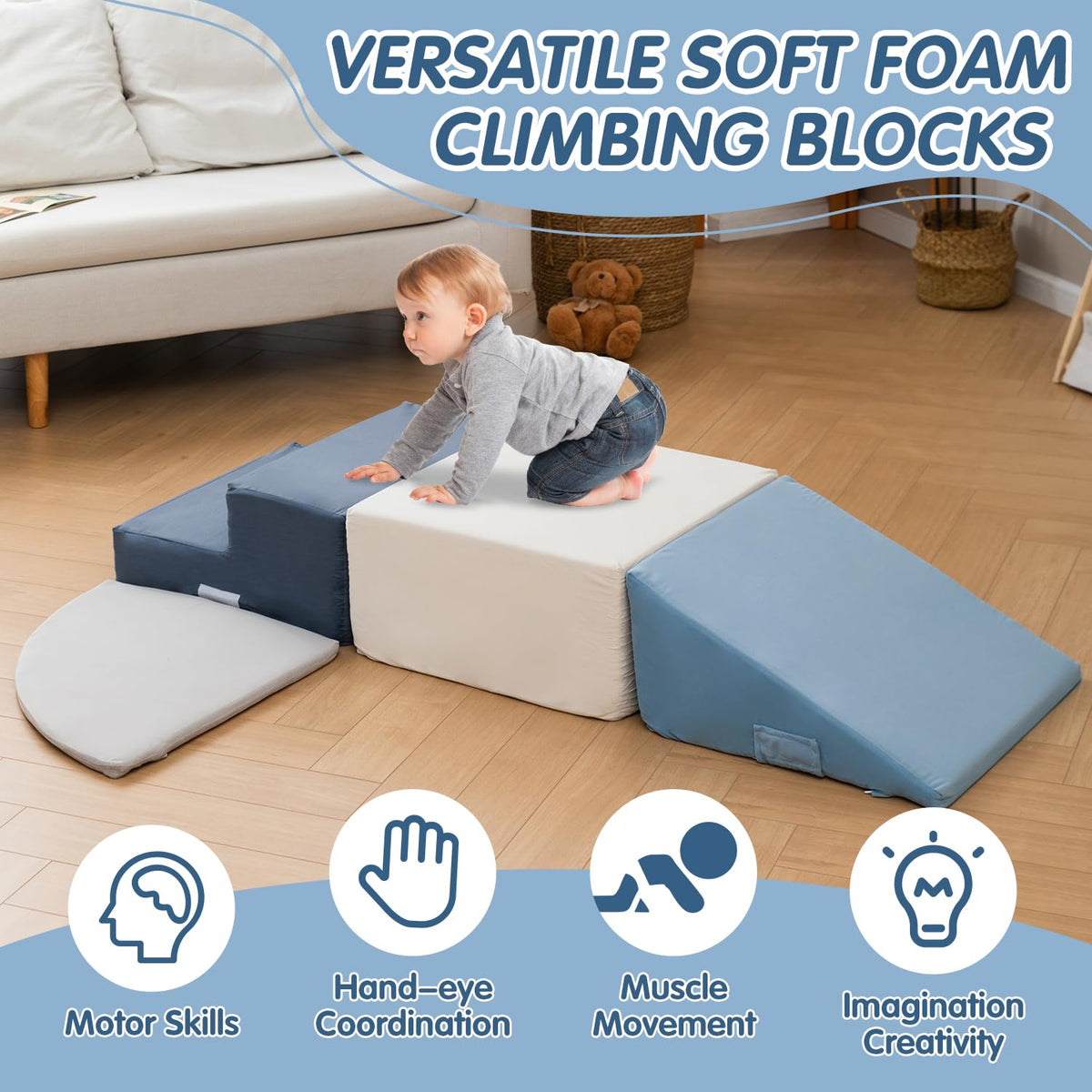 CAPAKIDS toddlers climb foam blocks secured by Velcro for safer indoor play.