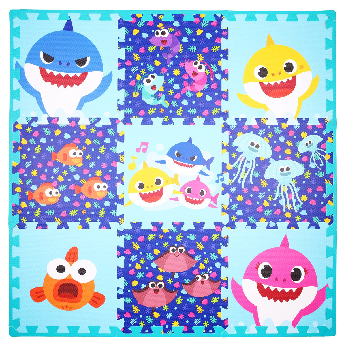 Capelli Sport Baby Sharks foam mat tiles provide a colorful cushioned play surface for toddlers.