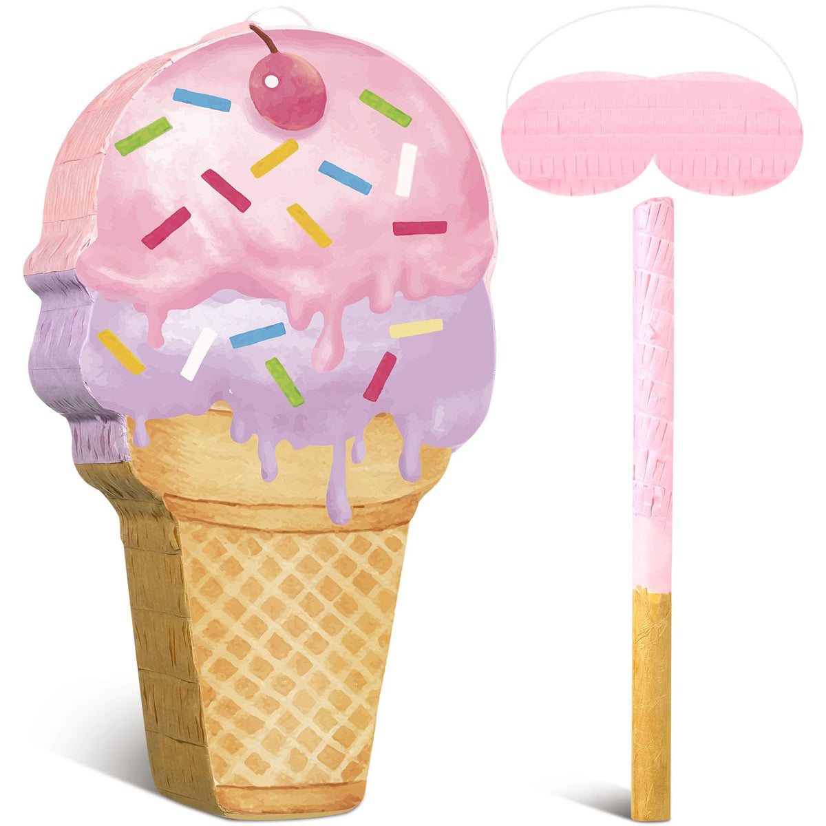 Capoda Ice Cream Piñata cone pink front view ready for a festive birthday surprise