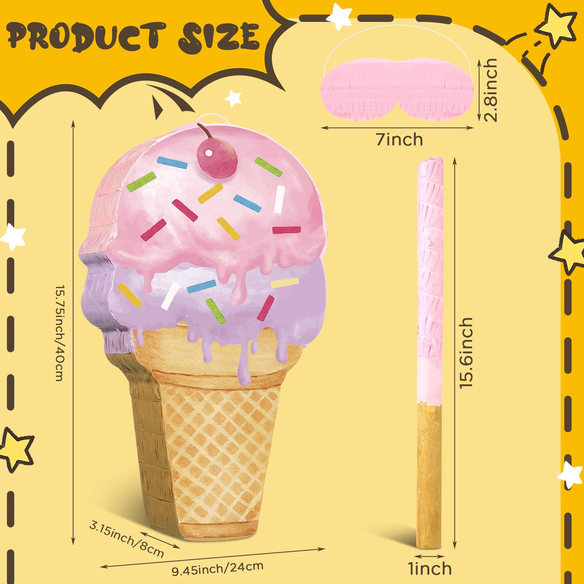 Capoda Ice Cream Piñata cone pink side view ideal for summer gatherings and candy reveals