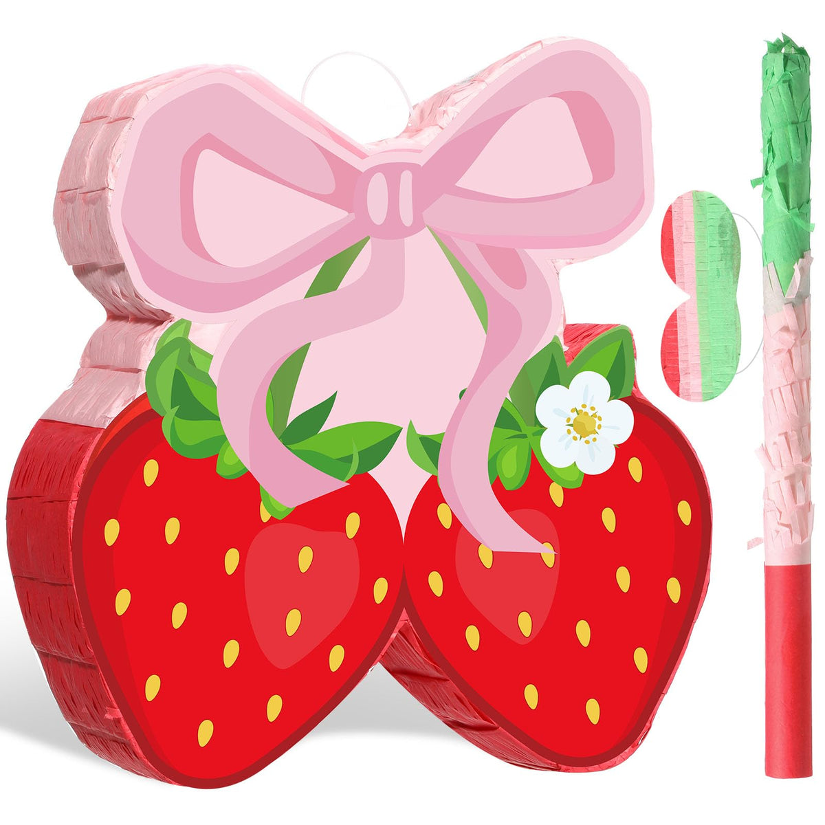 Capoda pink bow strawberry pinata in bright colors for festive parties.