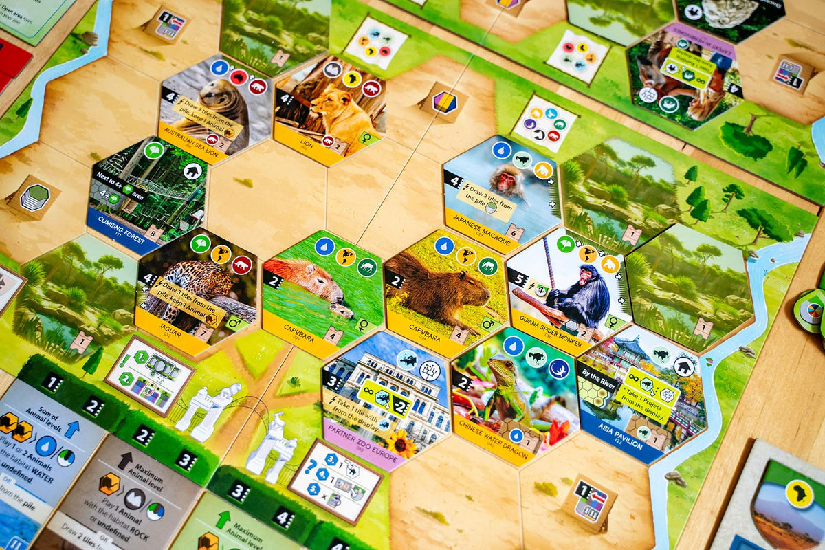 Capstone Games Sanctuary animal-themed setup invites immersive zoo-building experiences.
