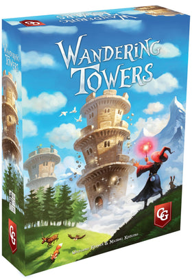 Capstone Games Wandering Towers board setup with a vibrant fantasy map for strategic planning