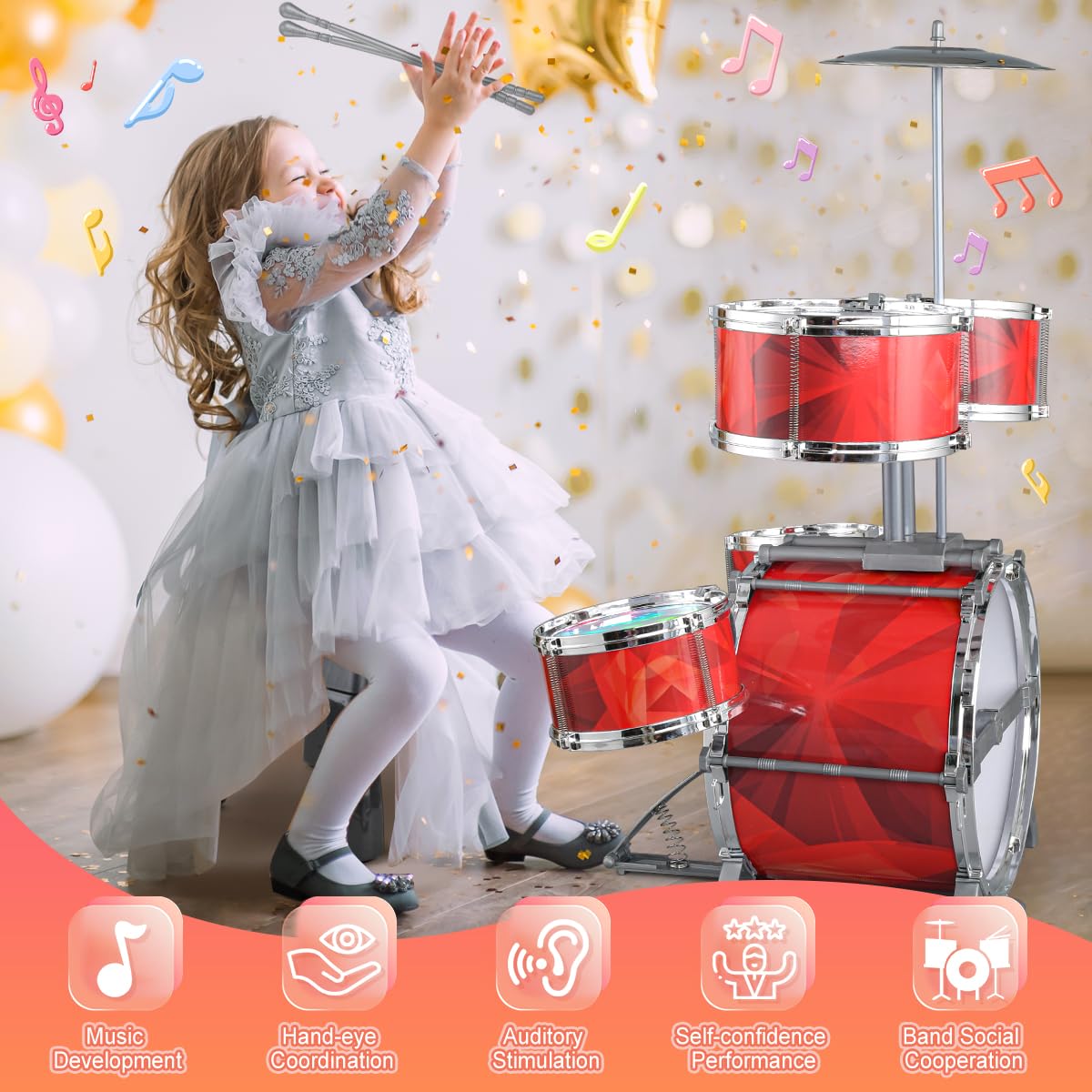 CAPTAIN CHAOWING Drum set with 5 drums enhances rich, layered sounds for budding musicians.