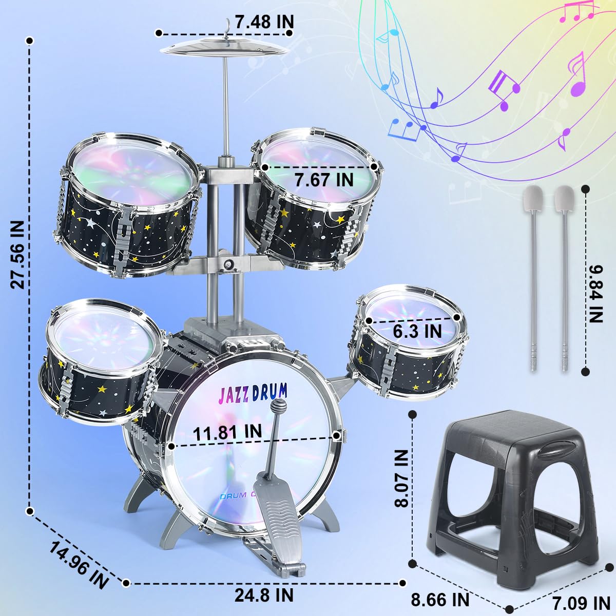 Captain Chaowing drum set with color lights on drums for rhythm exploration