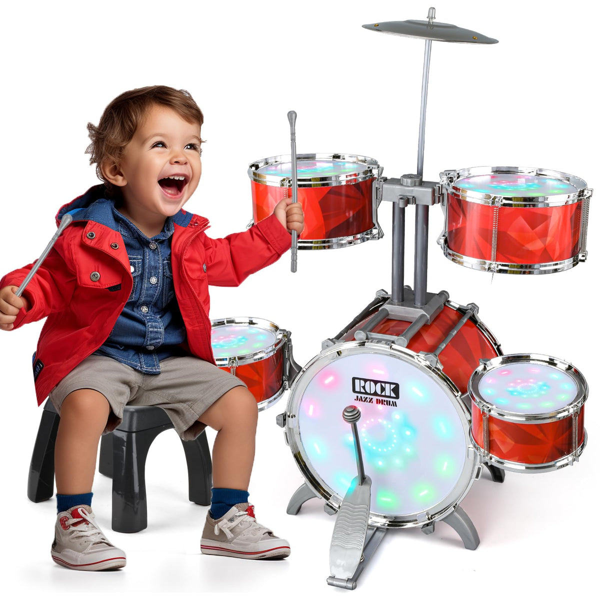 CAPTAIN CHAOWING Toddlers Drum Set lights illuminate play sessions, inviting multi-sensory rhythm exploration.