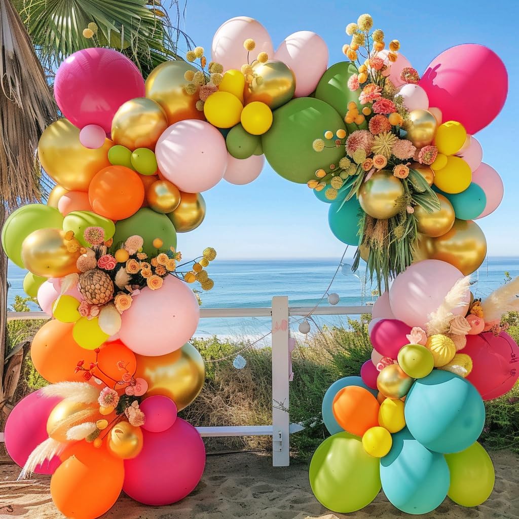 Captank tropical balloons arch in pink, green, orange and gold for a vibrant beach party backdrop.