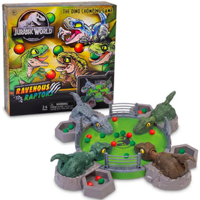 Captivz Jurassic World Ravenous Raptors box front shows colorful dinosaurs for family fun.