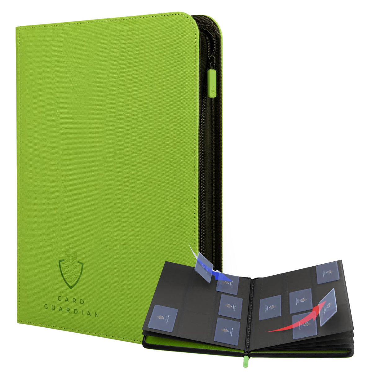 Card Guardian 9-pocket lime green binder front cover secures up to 360 cards