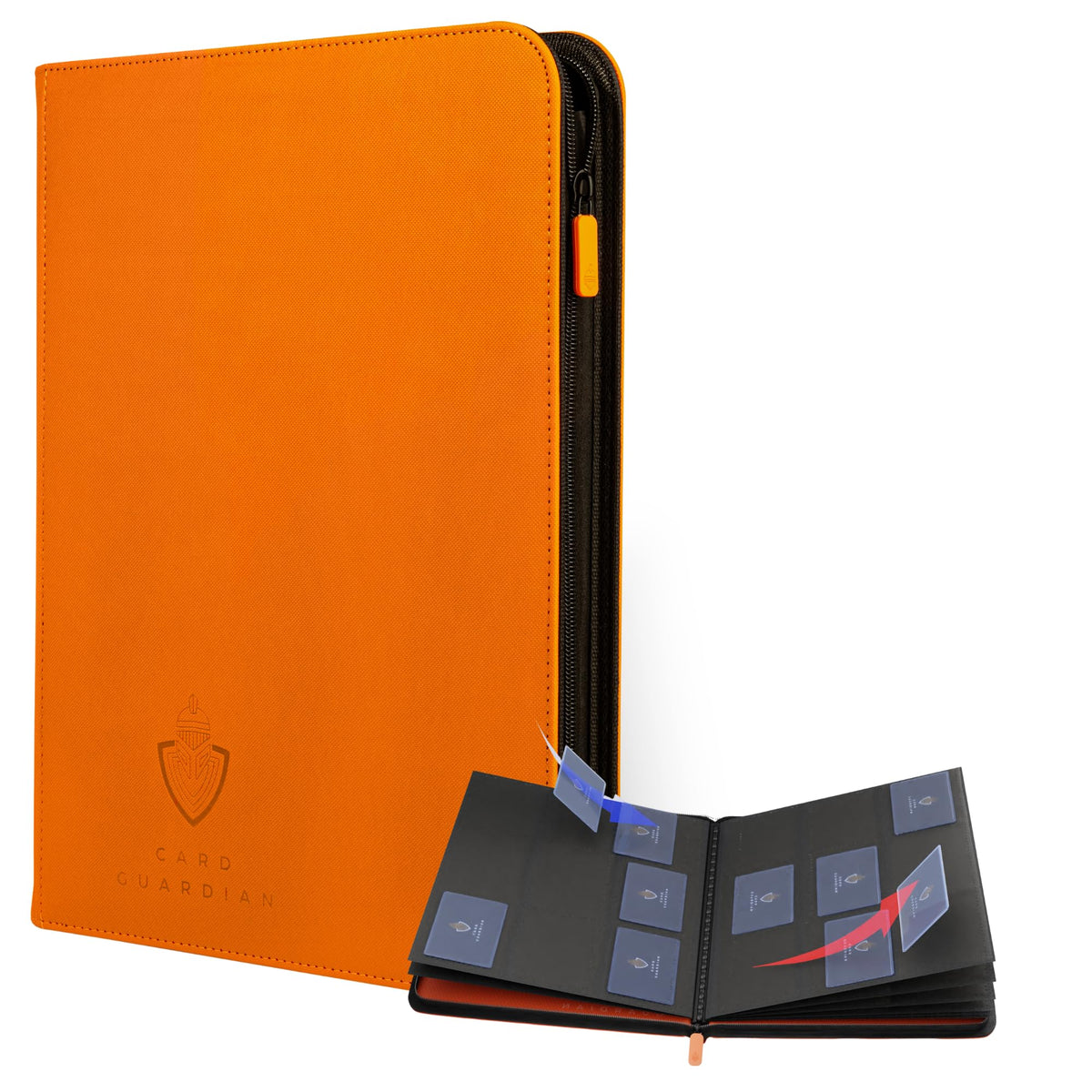 Card Guardian 9-pocket binder orange front cover keeps 360 cards neatly organized for quick access.