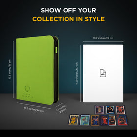 Card Guardian lime green binder measures 13.8 by 9.64 inches