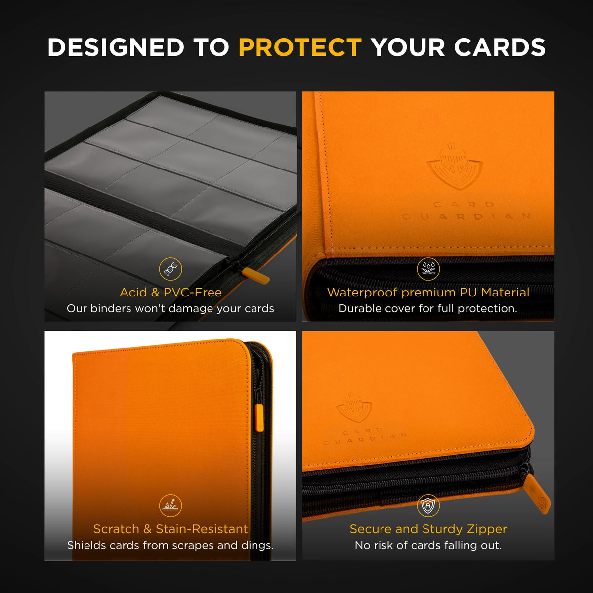 Card Guardian reinforced-front-back design protects cards in transit and storage.