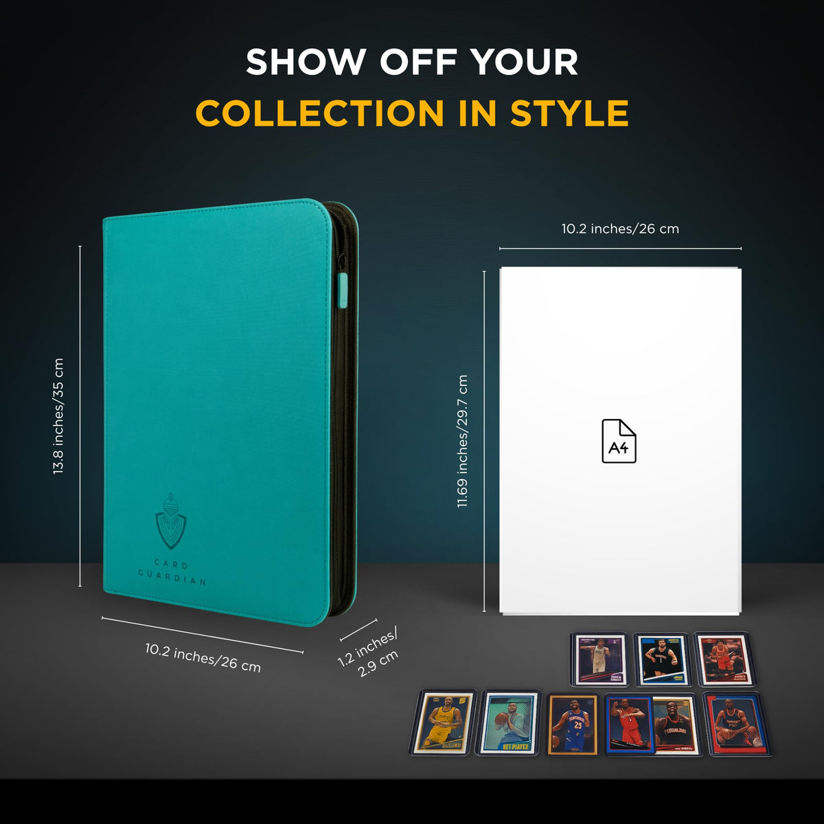 Card Guardian Teal binder beside standard cards for scale.
