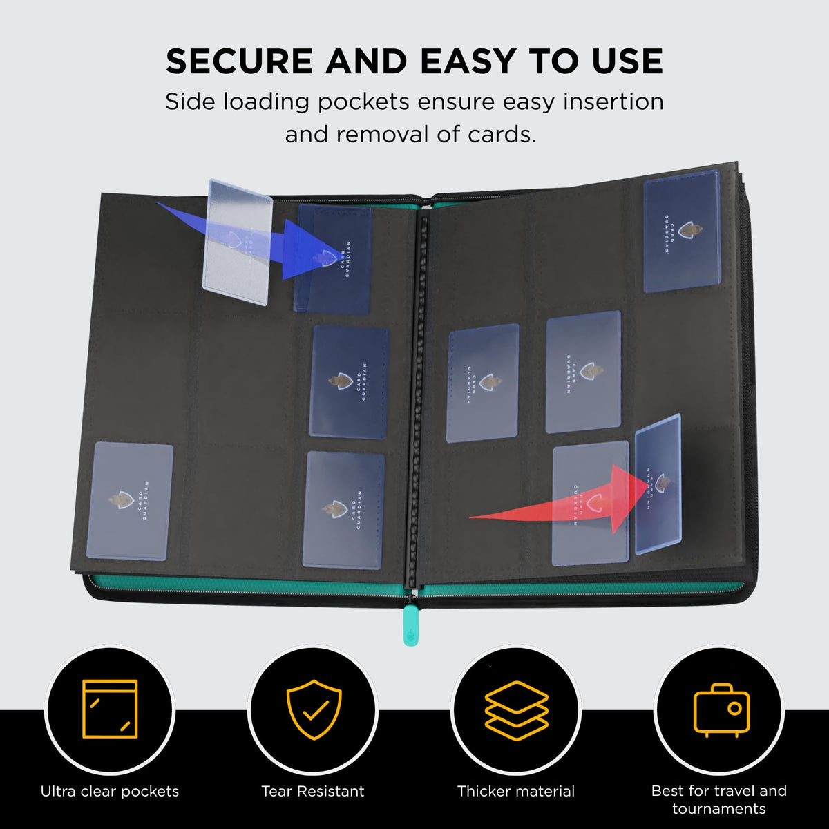 Card Guardian Teal side-loaded pockets for easy access.