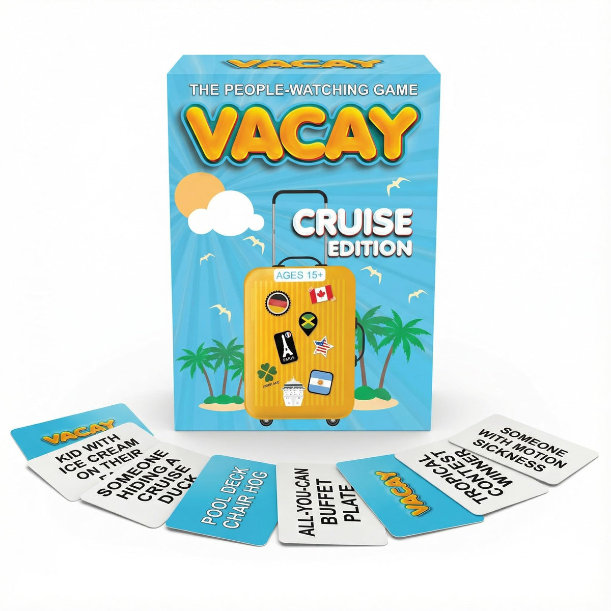 Card Plug Vacay deck in hand on the sunlit cruise deck for easy entertainment.