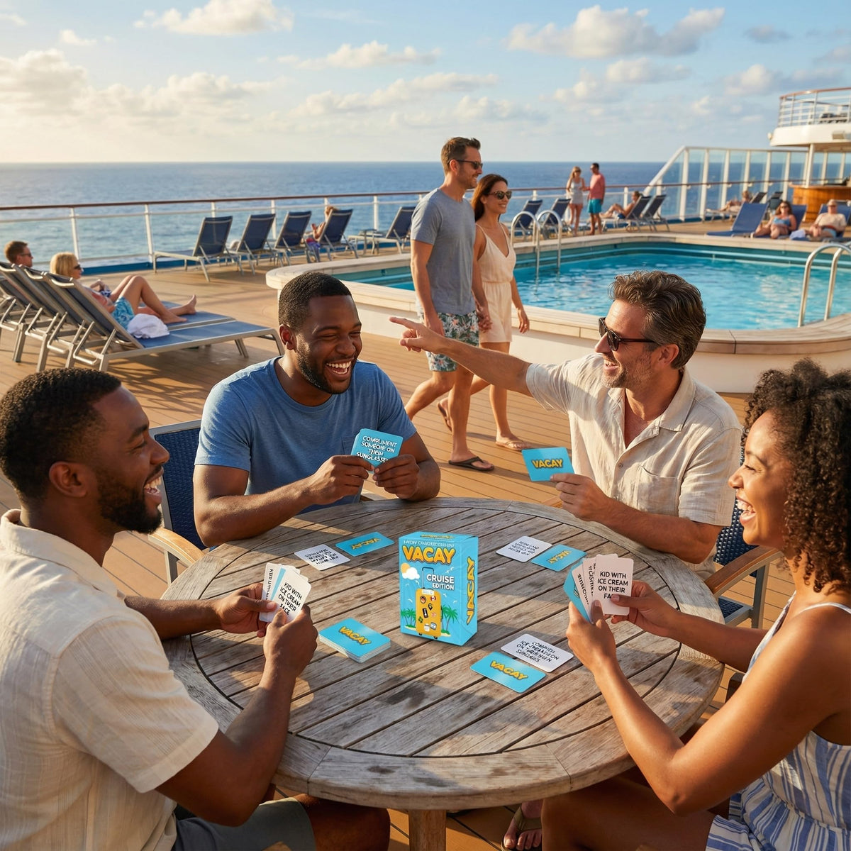 Card Plug Vacay poolside scene sparks spontaneous challenges without interrupting relaxation.