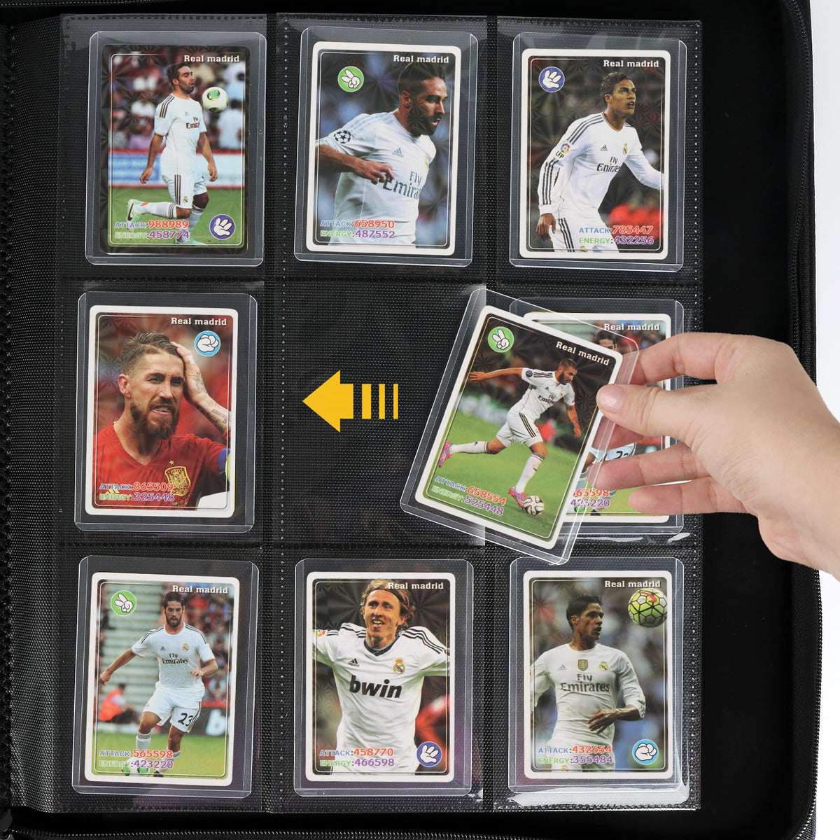 CardBinder Binder open showing 288-card capacity in sleeves