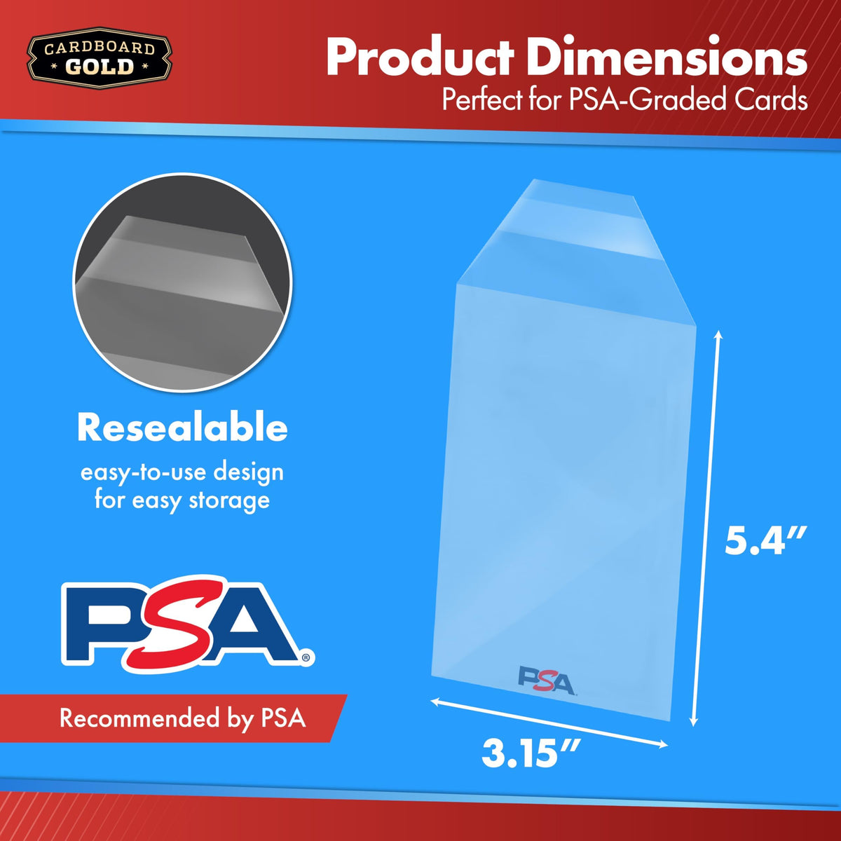 Cardboard Gold PSA sleeve featuring resealable closure keeps slabs neatly sealed.