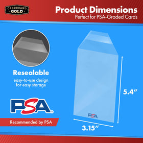 Cardboard Gold PSA sleeve featuring resealable closure keeps slabs neatly sealed.