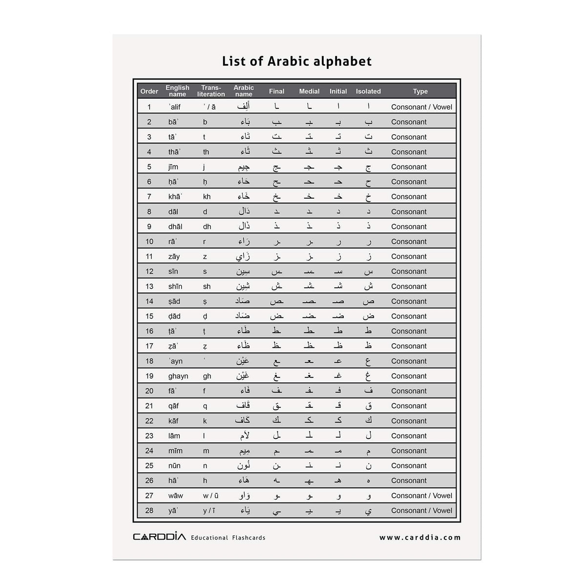 CARDDIA Arabic flashcards show consonants and diacritics for structured study