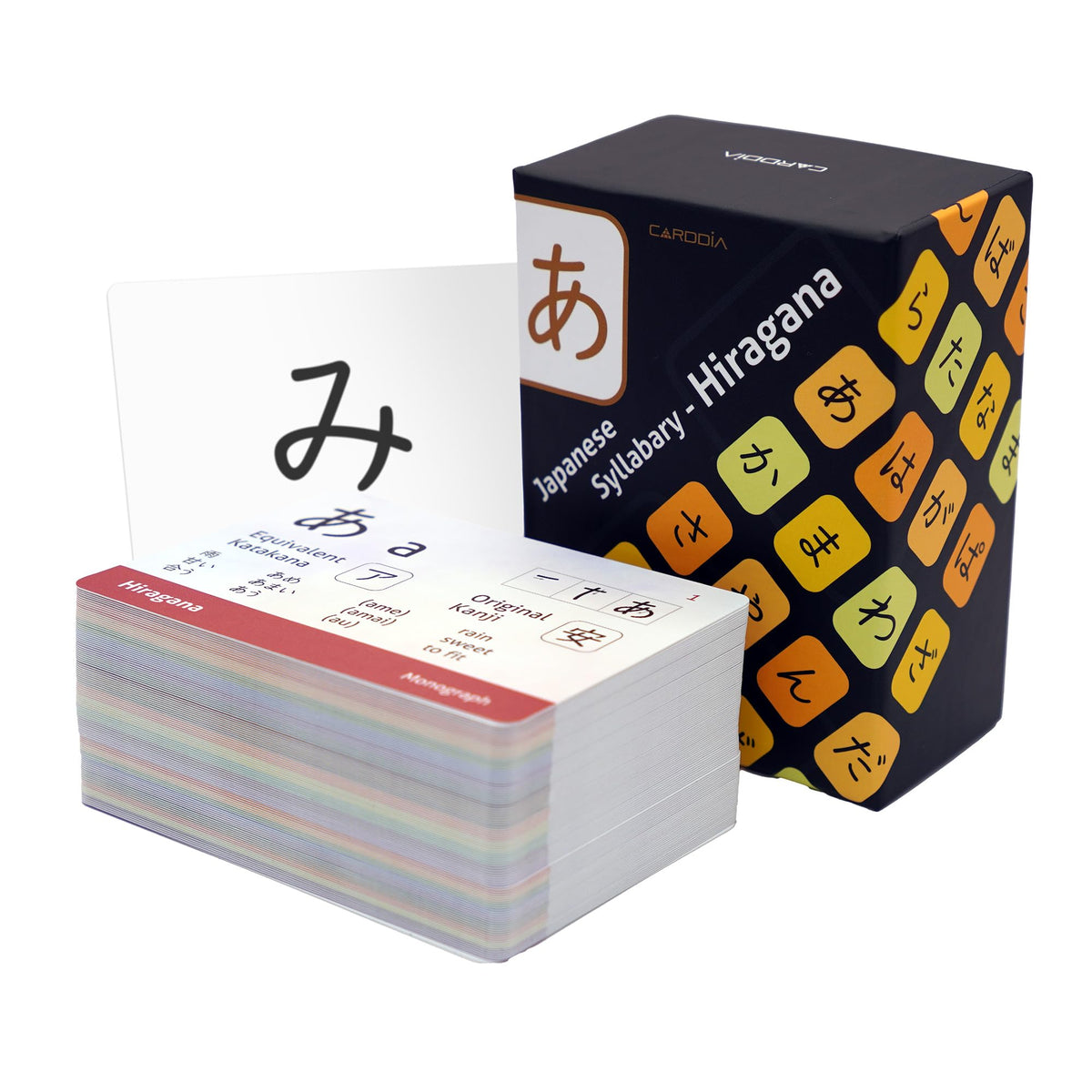 CARDDIA Hiragana flashcards front illustrate each character for quick recognition