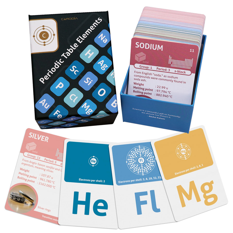 CARDDIA Periodic Table Flashcards front design with clear symbols for quick recognition.