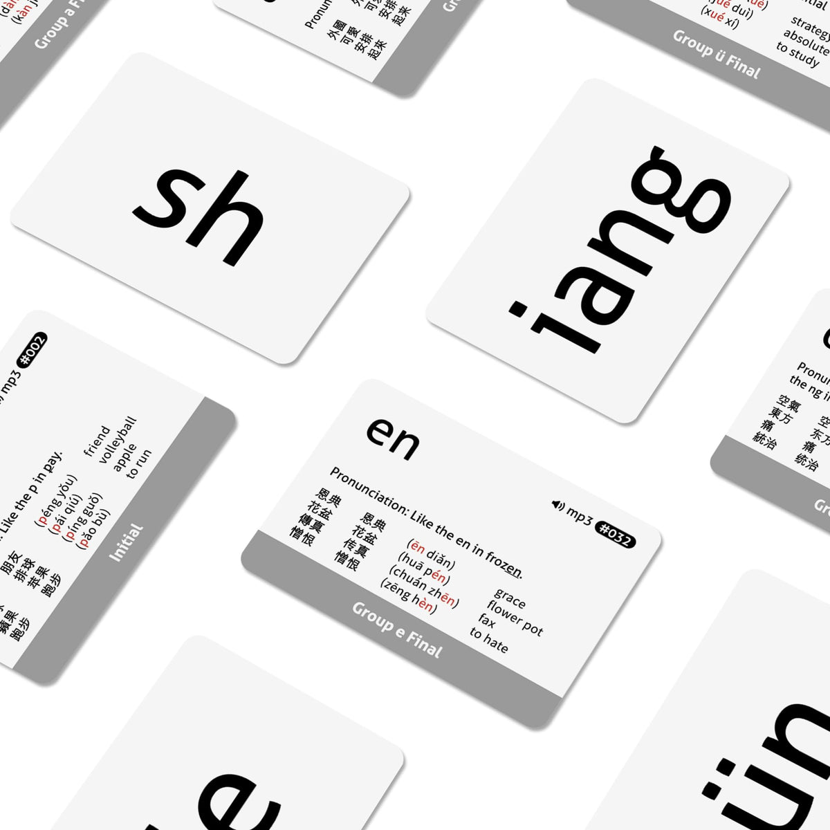 CARDDIA Pinyin Flashcards back displays pronunciation guidance for listening practice.