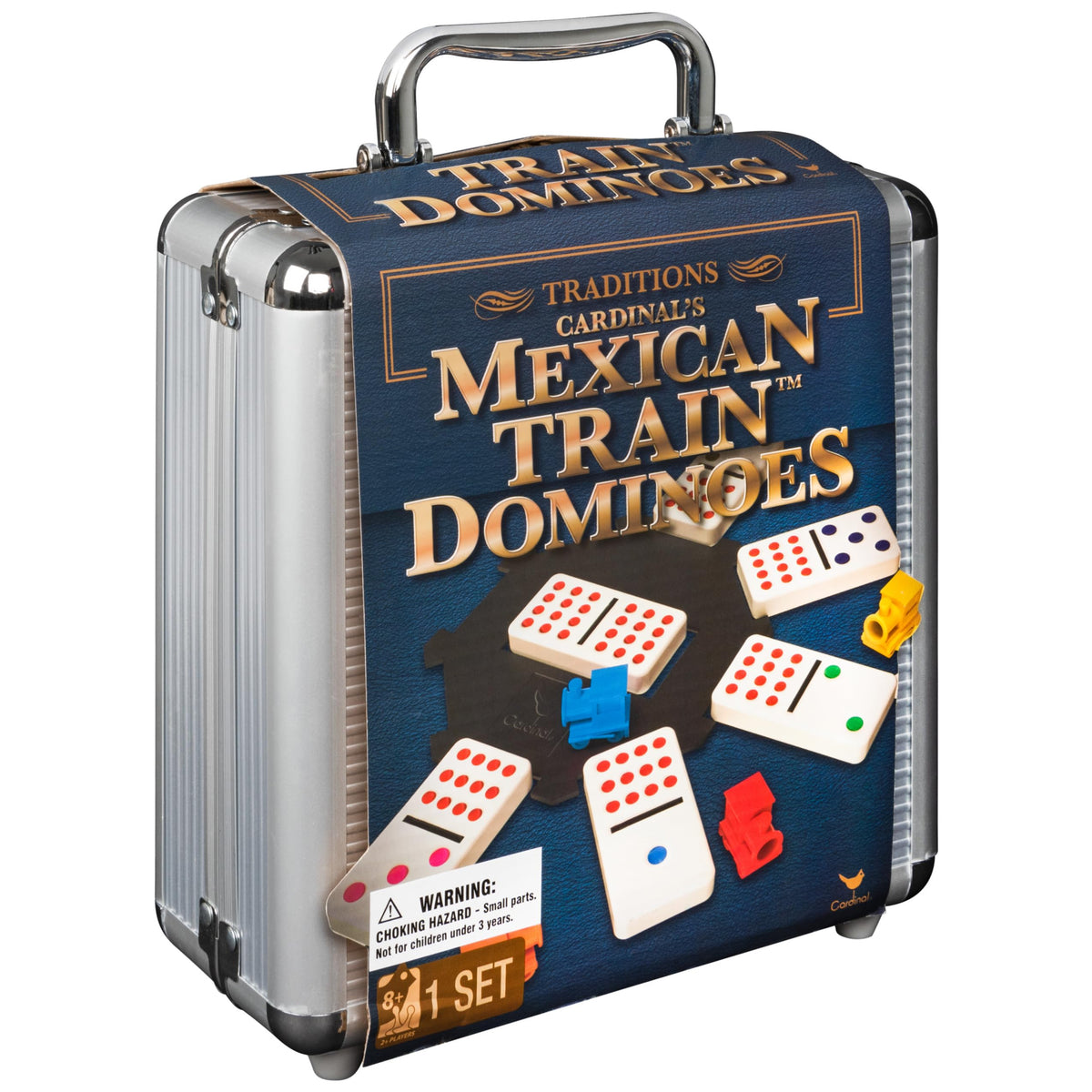 Ages eight and up: Cardinal Mexican Train dominoes set ready for play