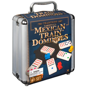 Ages eight and up: Cardinal Mexican Train dominoes set ready for play
