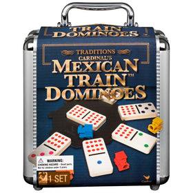 Cardinal Mexican Train dominoes set with aluminum case for portable family play