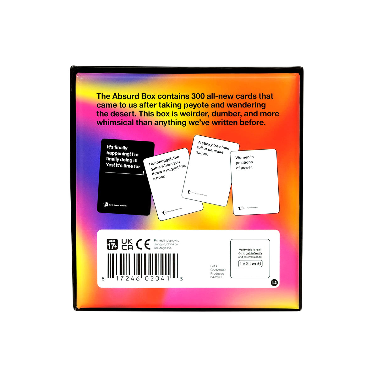 Open Absurd Box packaging showing chaotic prompts for lively game nights