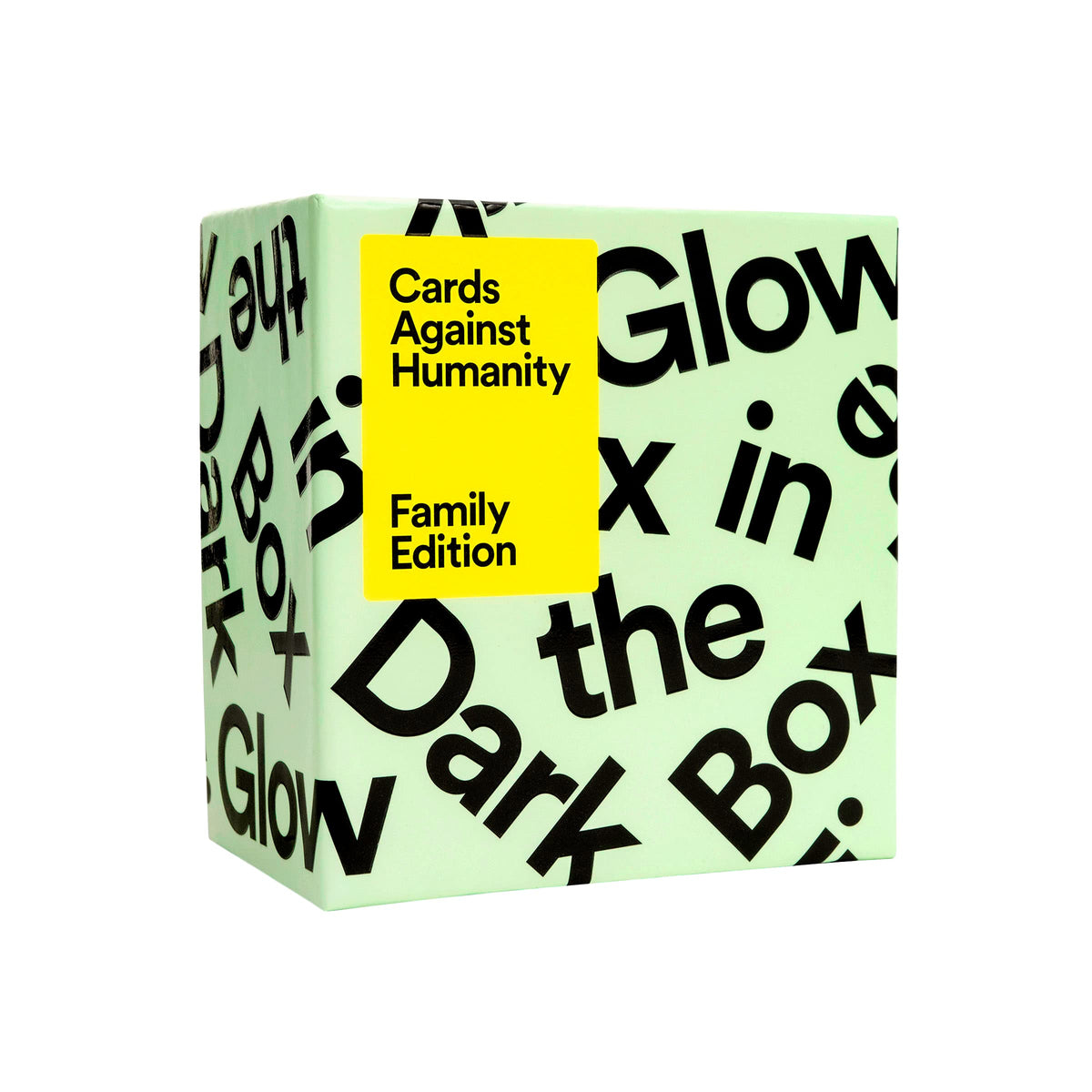 Cards Against Humanity Family Edition glow box shines in the dark for quick setup during game night.